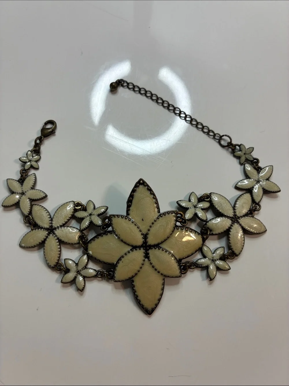 Cream Gold Metallic Enamel Floral Statement Bracelet Lightweight Boho Casual